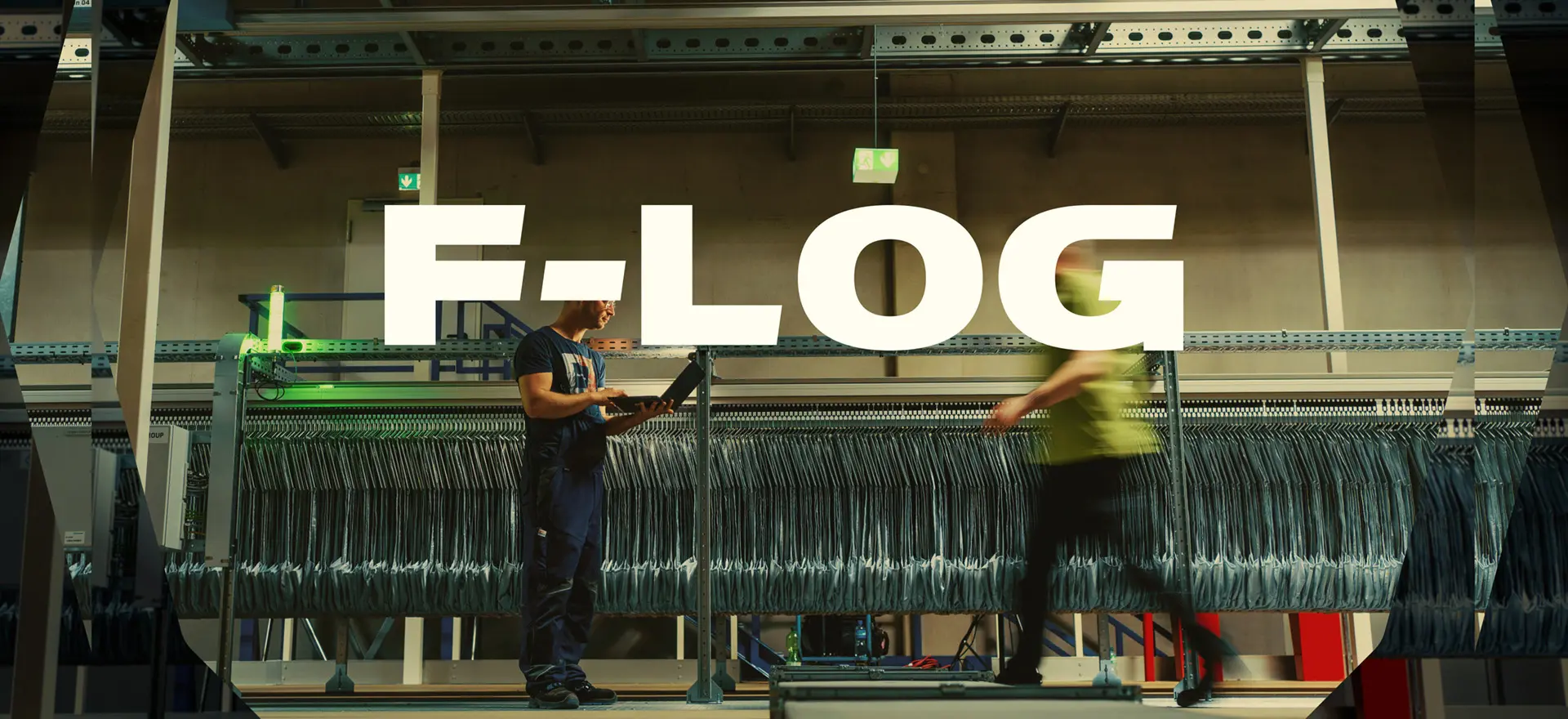 F-LOG wordmark over a logistics facility with two people beside a pouch sorter