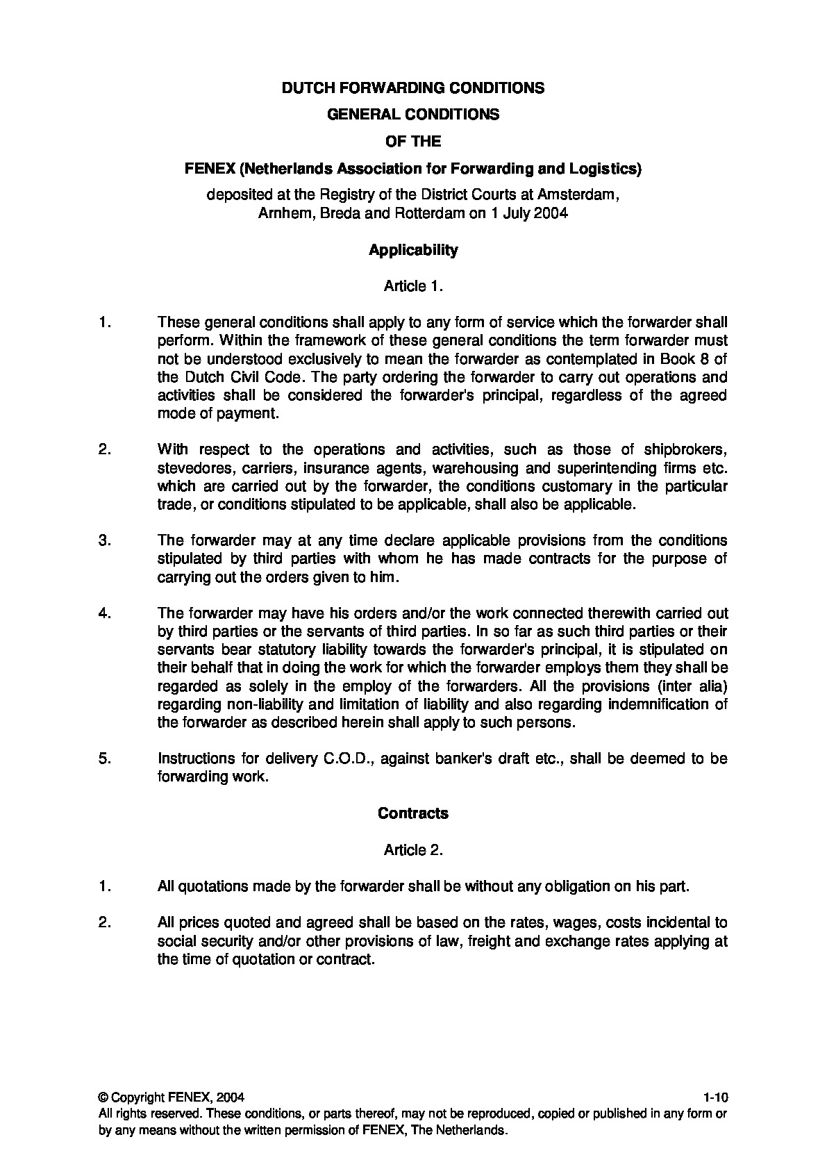 Dutch Forwarding Conditions - General Conditions of the FENEX