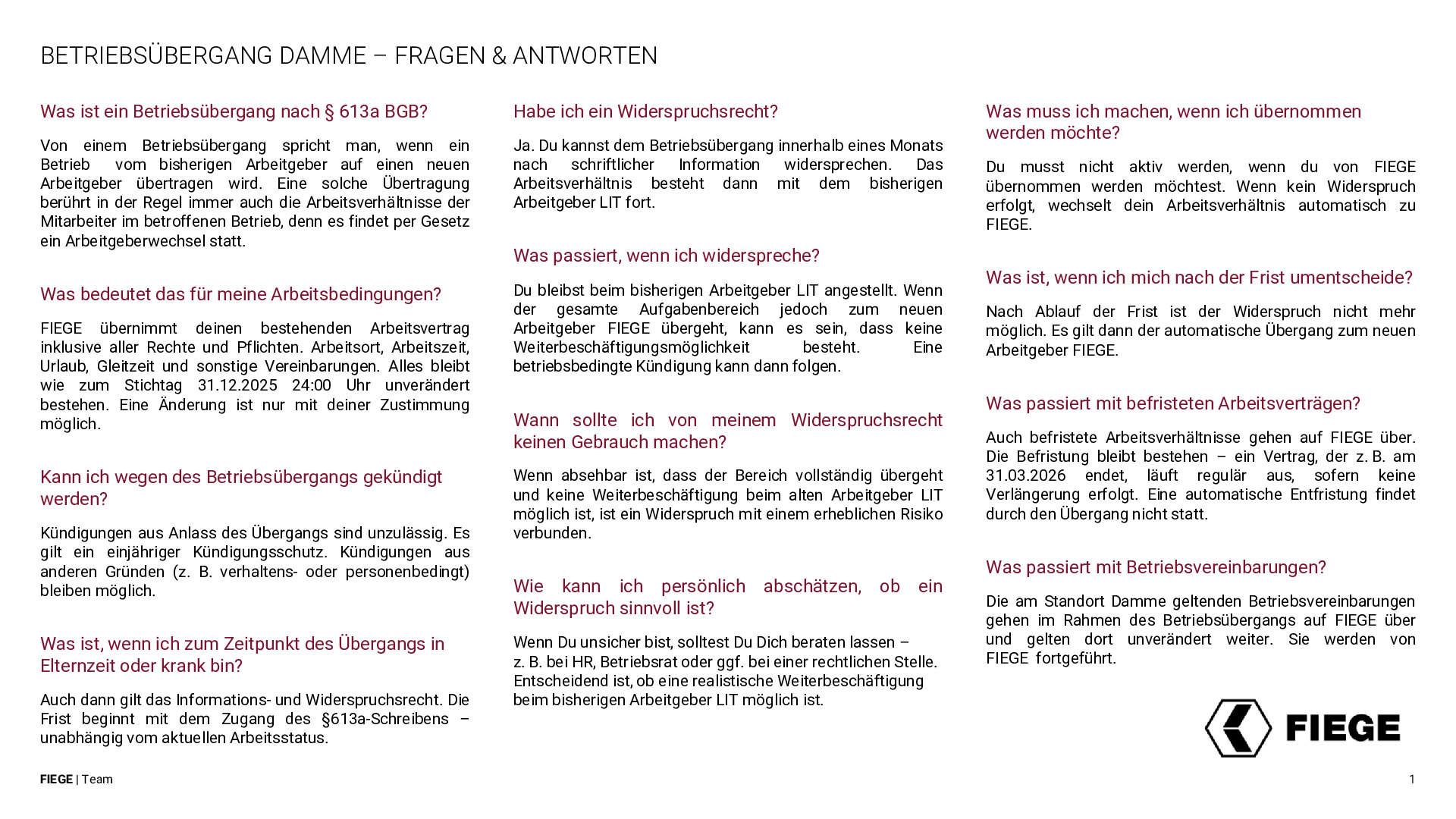 FRAGEN ANWORTEN BETRIEBSÜBERGANG DAMME ÜBERSICHT