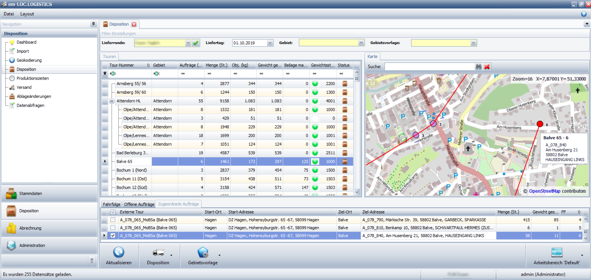 Das Dispositionspanel von em-LOC.LOGISTICS.
