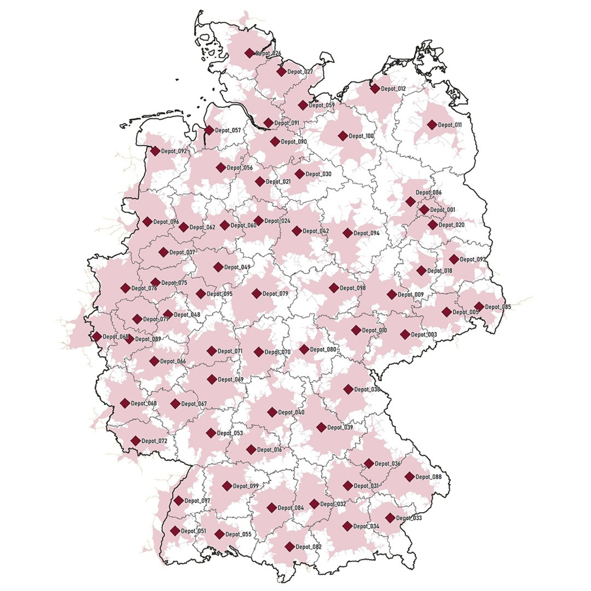 Isochronen-Darstellung zur Analyse der Lieferreichweite von 65 Einzelshandels-HUBs in Deutschland.