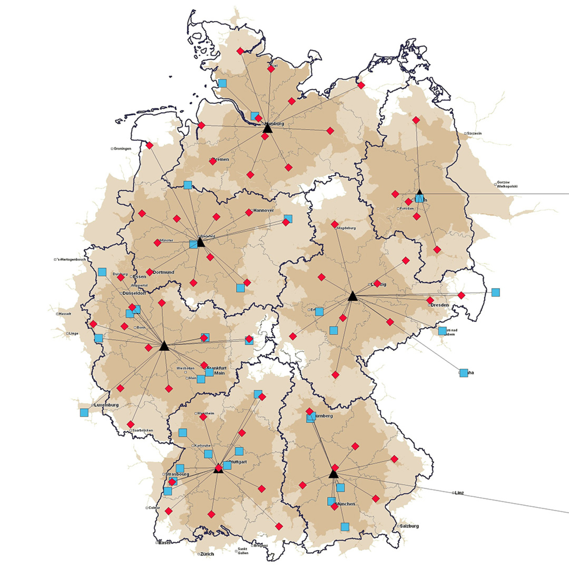 Deutschlandkarte mit roten und blauen Punkten.