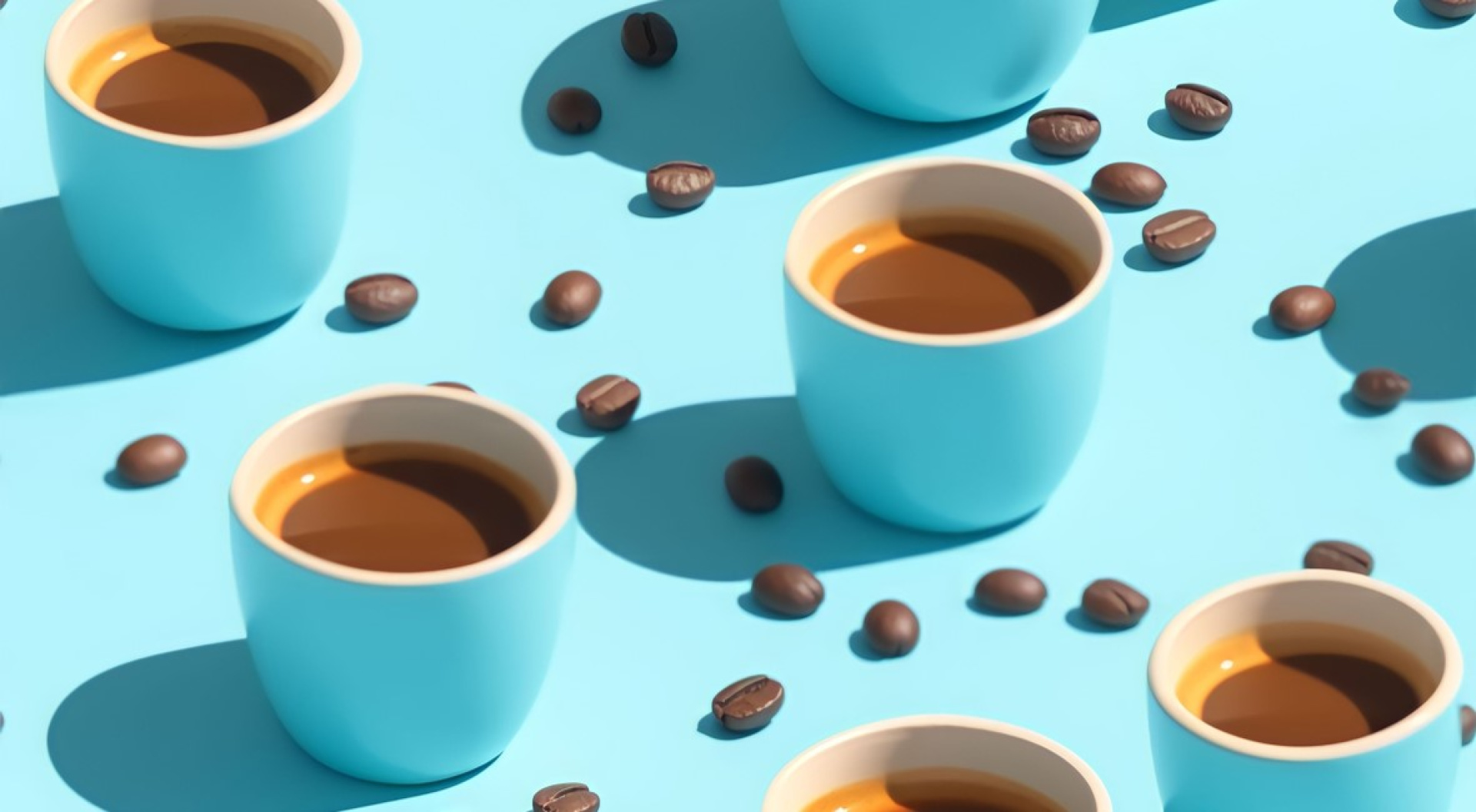 blaue Kaffeetassen stehen neben losen Kaffeebohnen