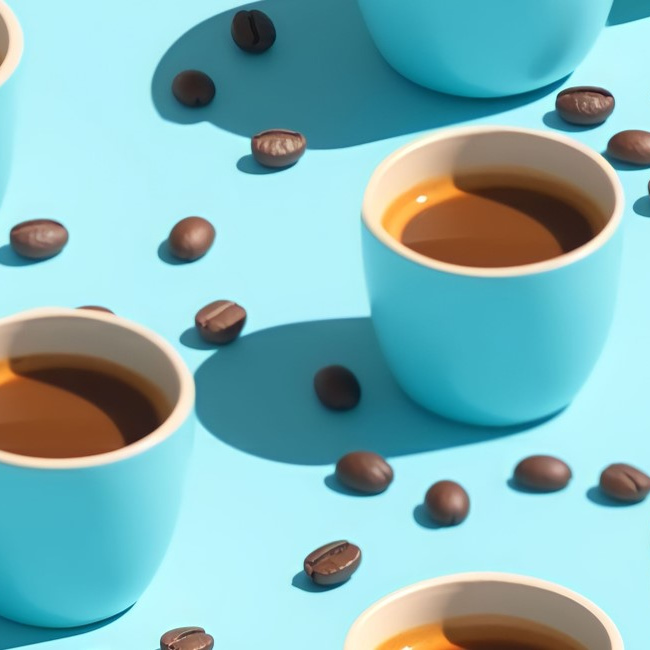 blaue Kaffeetassen stehen neben losen Kaffeebohnen